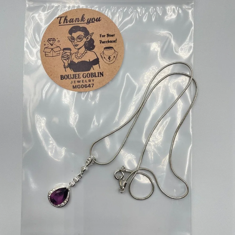 Vintage RMN Purple Pear Cut Glass Pendant Silver Tone Snake Chain Necklace